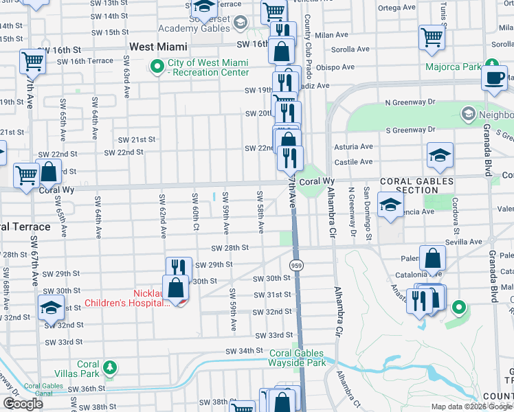 map of restaurants, bars, coffee shops, grocery stores, and more near 5785 Southwest 25th Street in Miami