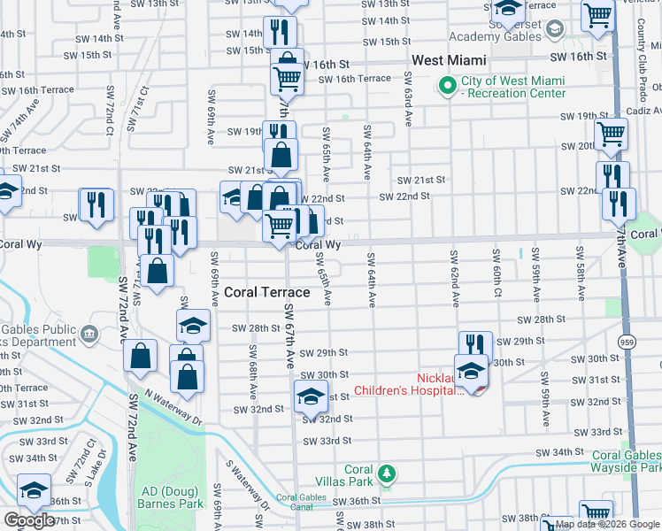 map of restaurants, bars, coffee shops, grocery stores, and more near 6481 Southwest 25th Street in Miami