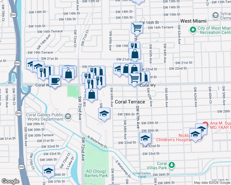 map of restaurants, bars, coffee shops, grocery stores, and more near 2409 Southwest 69th Avenue in Miami
