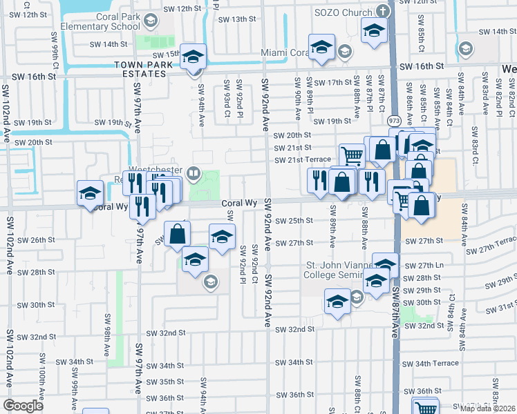 map of restaurants, bars, coffee shops, grocery stores, and more near 9221 Southwest 24th Terrace in Miami