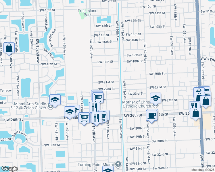 map of restaurants, bars, coffee shops, grocery stores, and more near 2085 Southwest 145th Avenue in Miami