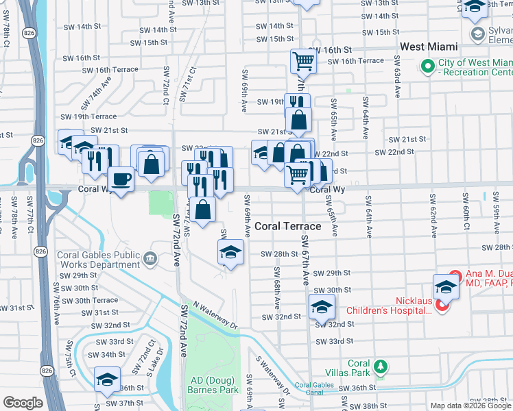 map of restaurants, bars, coffee shops, grocery stores, and more near 2409 Southwest 69th Avenue in Miami
