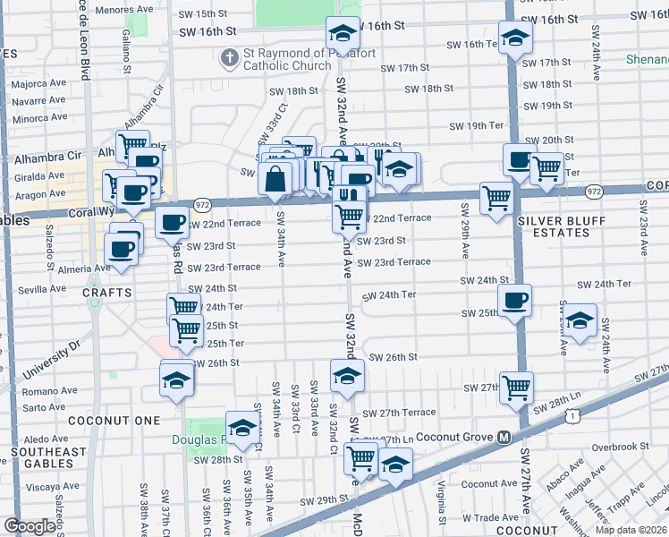 map of restaurants, bars, coffee shops, grocery stores, and more near in Miami