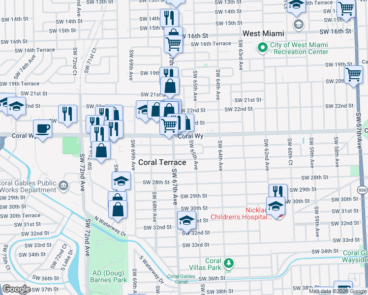 map of restaurants, bars, coffee shops, grocery stores, and more near 6515 Southwest 25th Street in Miami