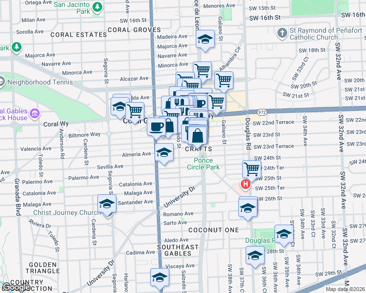 map of restaurants, bars, coffee shops, grocery stores, and more near 290 Valencia Avenue in Coral Gables