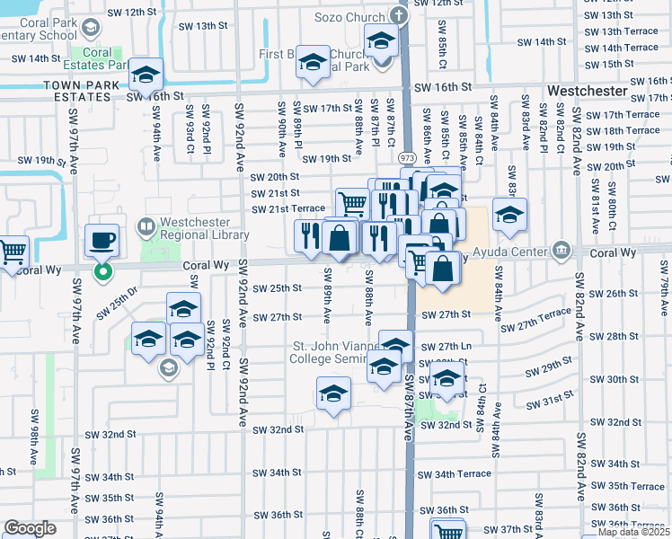 map of restaurants, bars, coffee shops, grocery stores, and more near 8900 Coral Way in Miami