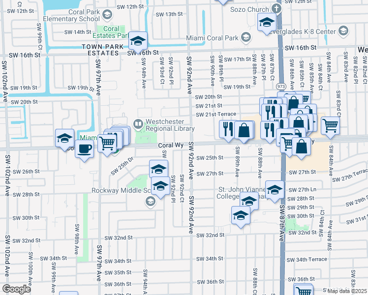 map of restaurants, bars, coffee shops, grocery stores, and more near 9221 Southwest 24th Terrace in Miami