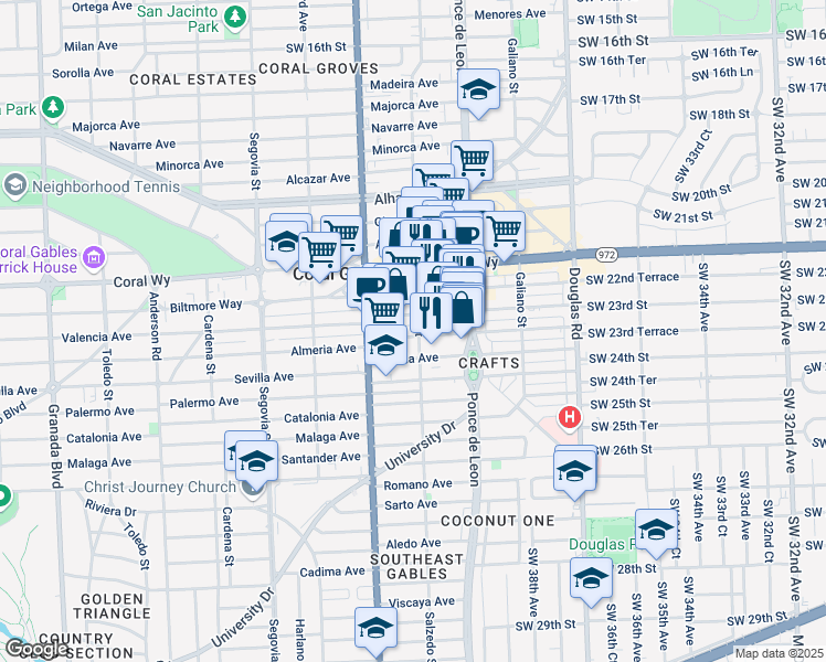 map of restaurants, bars, coffee shops, grocery stores, and more near 290 Valencia Avenue in Coral Gables