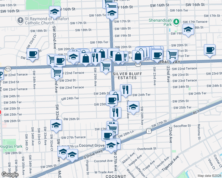map of restaurants, bars, coffee shops, grocery stores, and more near 2371 Southwest 27th Avenue in Miami