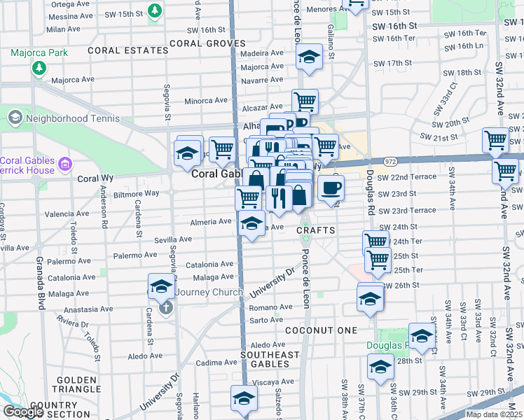 map of restaurants, bars, coffee shops, grocery stores, and more near 290 Valencia Avenue in Coral Gables