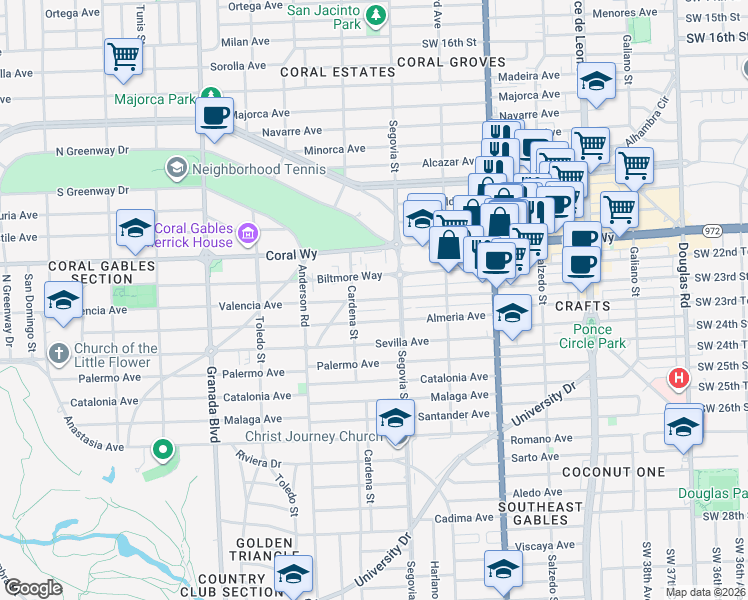 map of restaurants, bars, coffee shops, grocery stores, and more near 600 Biltmore Way in Coral Gables