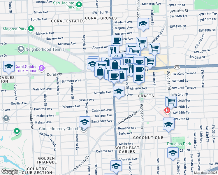 map of restaurants, bars, coffee shops, grocery stores, and more near 414 Valencia Avenue in Coral Gables