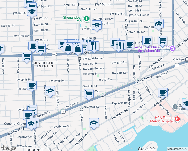 map of restaurants, bars, coffee shops, grocery stores, and more near 2021 Southwest 24th Street in Miami