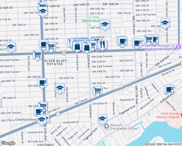 map of restaurants, bars, coffee shops, grocery stores, and more near 2155 Southwest 24th Street in Miami