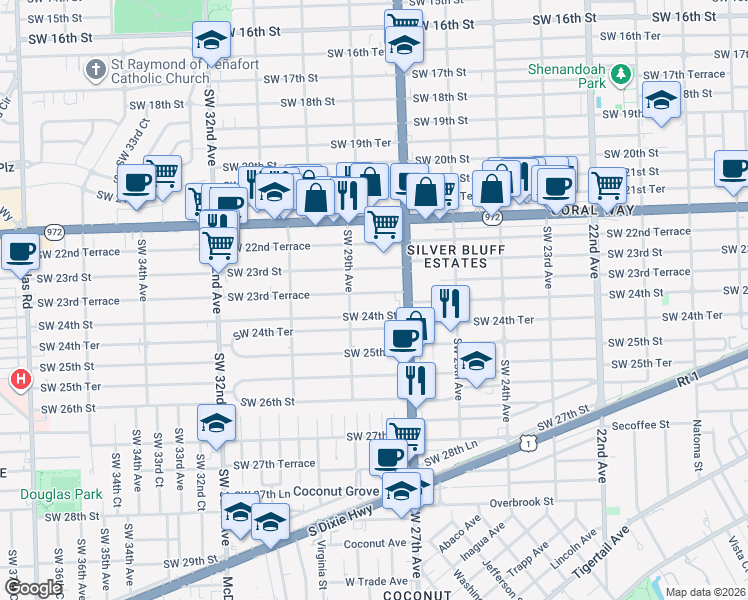 map of restaurants, bars, coffee shops, grocery stores, and more near 2792 Southwest 23rd Terrace in Miami