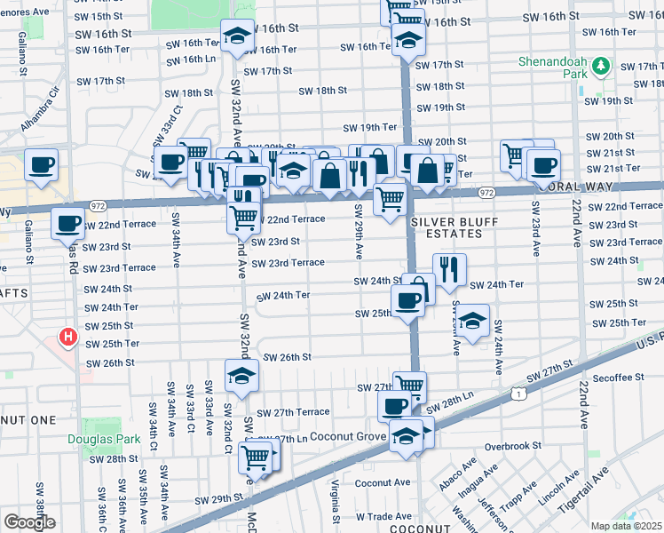 map of restaurants, bars, coffee shops, grocery stores, and more near 3031 Southwest 23rd Terrace in Miami