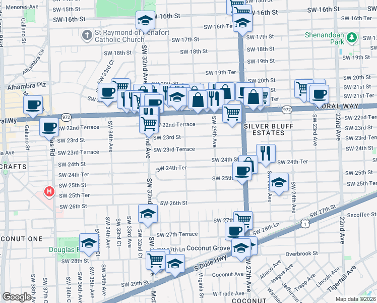 map of restaurants, bars, coffee shops, grocery stores, and more near 3031 Southwest 23rd Terrace in Miami