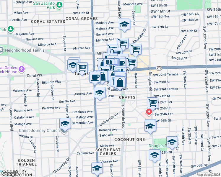 map of restaurants, bars, coffee shops, grocery stores, and more near 290 Valencia Avenue in Coral Gables