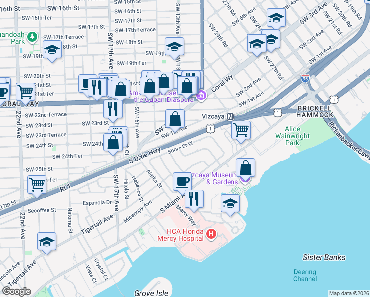map of restaurants, bars, coffee shops, grocery stores, and more near 80 Shore Drive East in Miami