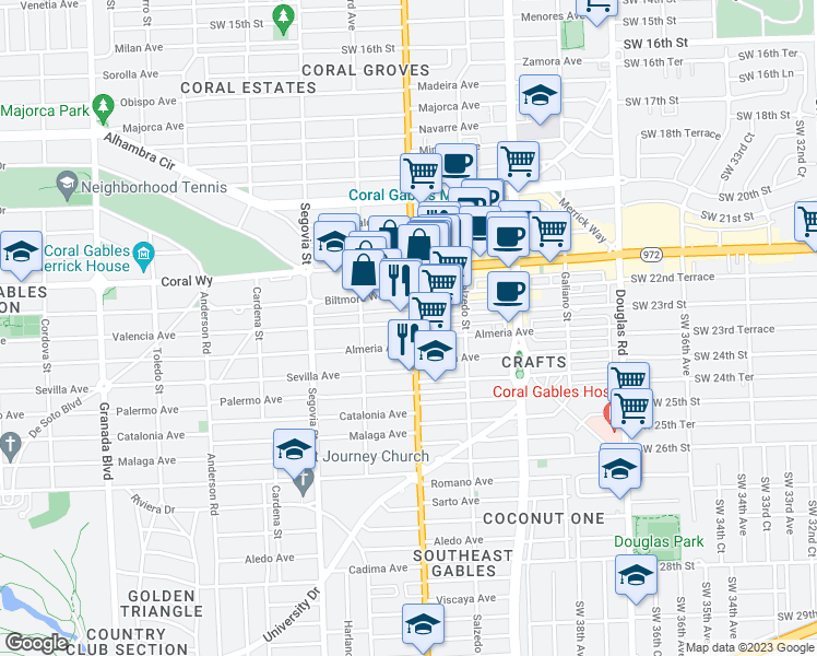 map of restaurants, bars, coffee shops, grocery stores, and more near 400 Valencia Avenue in Coral Gables