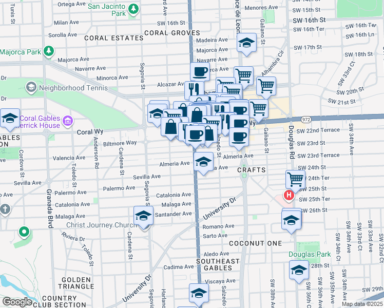 map of restaurants, bars, coffee shops, grocery stores, and more near 435 Valencia Avenue in Coral Gables