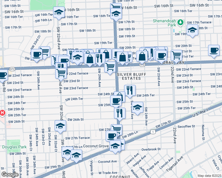 map of restaurants, bars, coffee shops, grocery stores, and more near 2792 Southwest 23rd Terrace in Miami