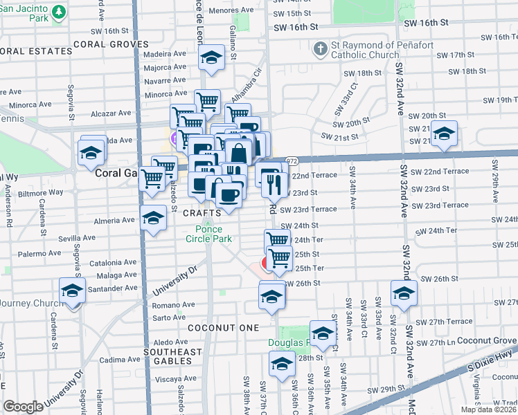 map of restaurants, bars, coffee shops, grocery stores, and more near 65 Almeria Avenue in Coral Gables