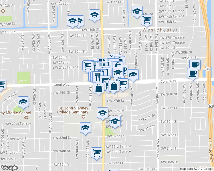 map of restaurants, bars, coffee shops, grocery stores, and more near 8690 Southwest 24th Street in Miami