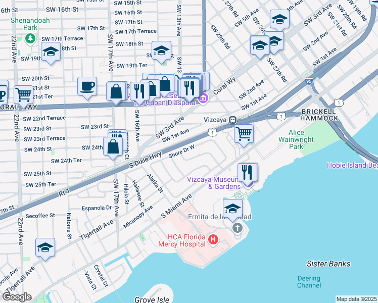 map of restaurants, bars, coffee shops, grocery stores, and more near 80 Shore Drive East in Miami