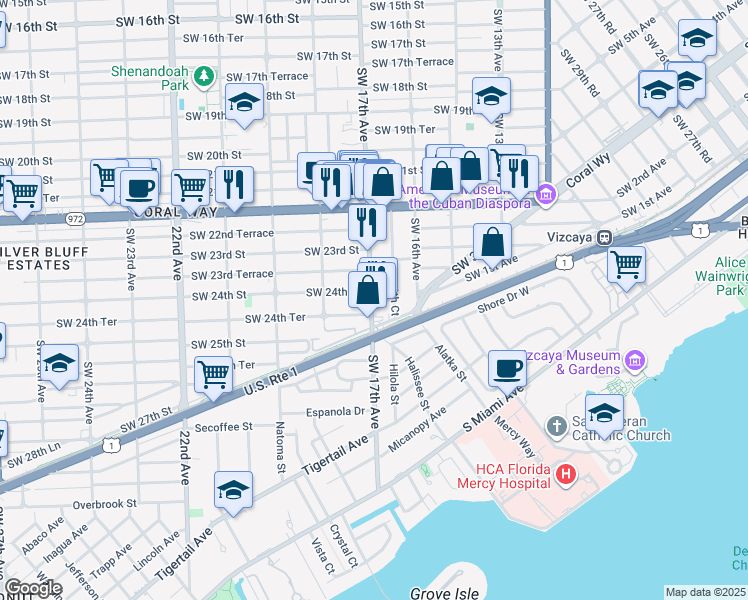 map of restaurants, bars, coffee shops, grocery stores, and more near 2405 Southwest 17th Avenue in Miami