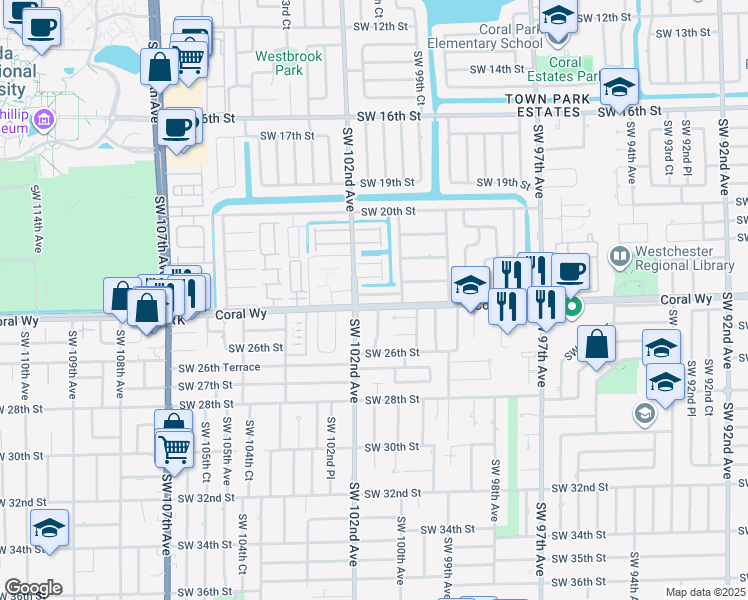 map of restaurants, bars, coffee shops, grocery stores, and more near 10115 Southwest 23rd Terrace in Miami