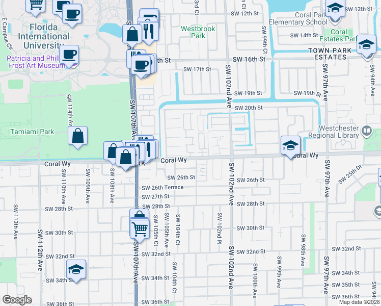 map of restaurants, bars, coffee shops, grocery stores, and more near 10309 Southwest 103rd Place in Miami