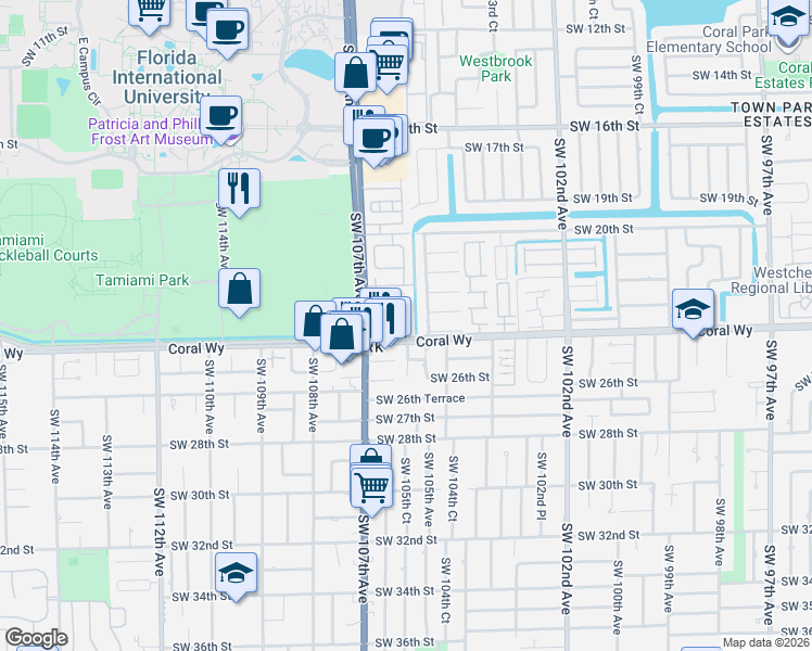 map of restaurants, bars, coffee shops, grocery stores, and more near 2310 Southwest 104th Place in Miami