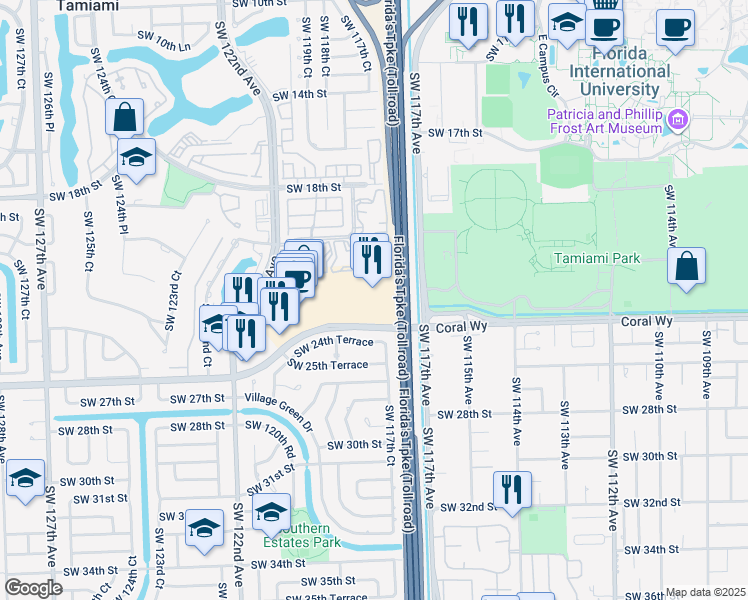 map of restaurants, bars, coffee shops, grocery stores, and more near 11805 Southwest 26th Street in Miami