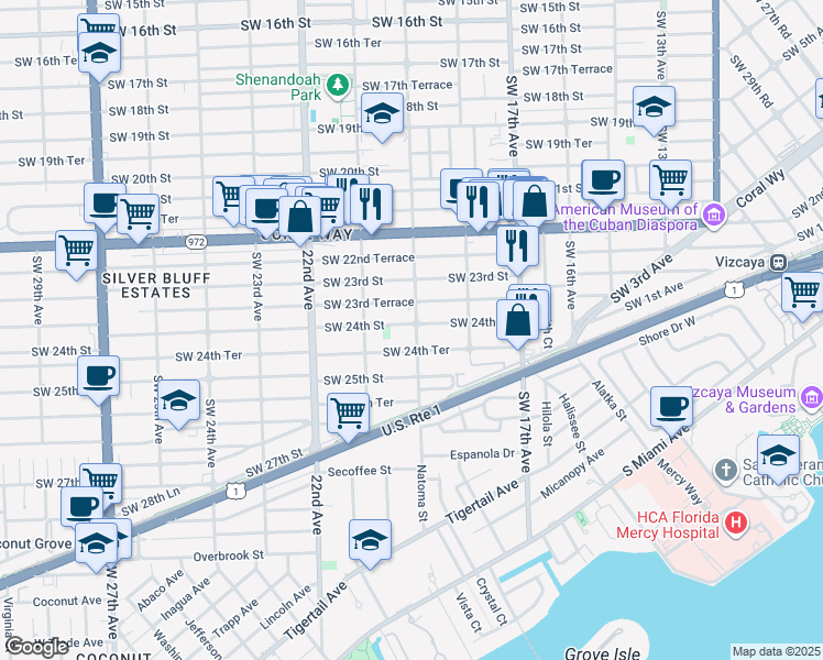 map of restaurants, bars, coffee shops, grocery stores, and more near 1900 Southwest 24th Street in Miami