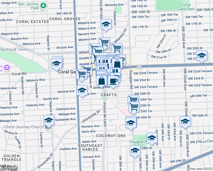 map of restaurants, bars, coffee shops, grocery stores, and more near 141 Almeria Avenue in Coral Gables