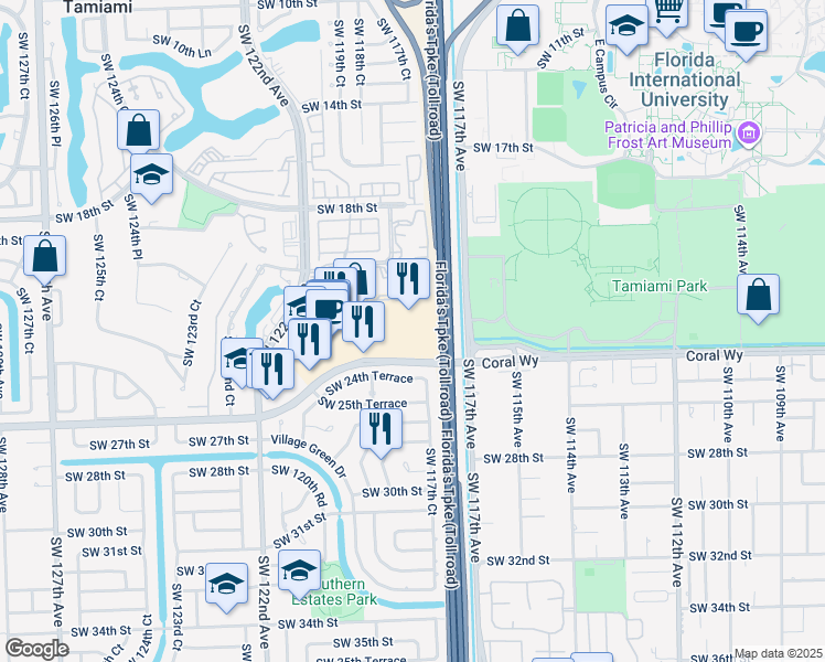 map of restaurants, bars, coffee shops, grocery stores, and more near 11805 Southwest 26th Street in Miami