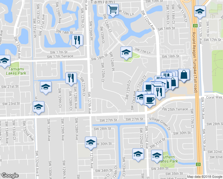 map of restaurants, bars, coffee shops, grocery stores, and more near 12455 Southwest 22nd Terrace in Miami