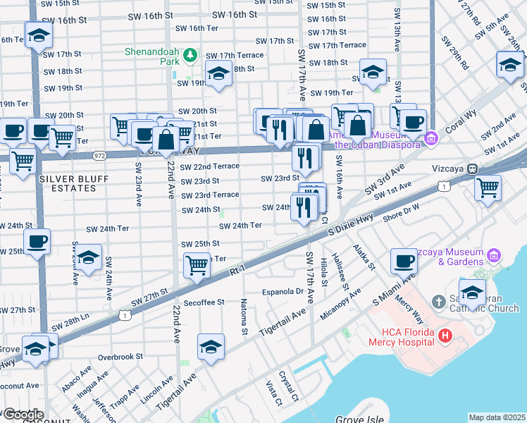 map of restaurants, bars, coffee shops, grocery stores, and more near 1828 Southwest 24th Street in Miami