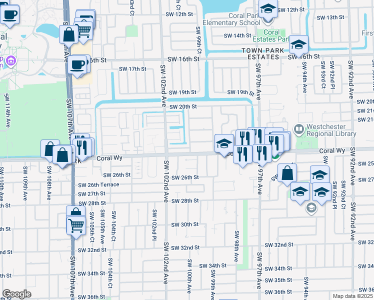 map of restaurants, bars, coffee shops, grocery stores, and more near 10002 Southwest 23rd Terrace in Miami