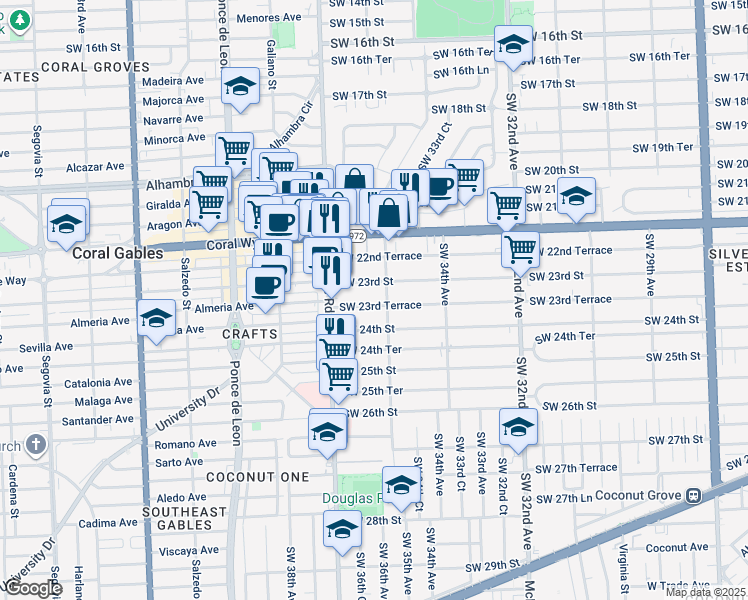 map of restaurants, bars, coffee shops, grocery stores, and more near 3627 Southwest 23rd Terrace in Miami