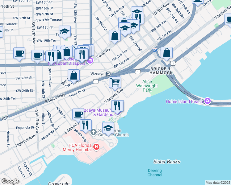 map of restaurants, bars, coffee shops, grocery stores, and more near 3250 South Miami Avenue in Miami