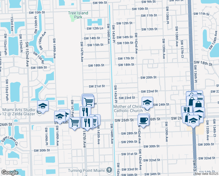 map of restaurants, bars, coffee shops, grocery stores, and more near 14401 Southwest 21st Street in Miami