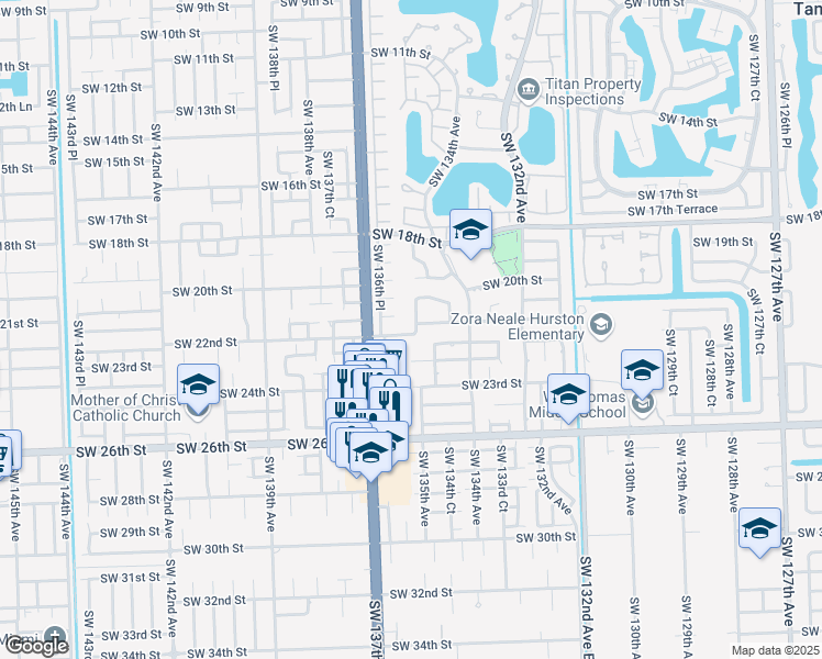 map of restaurants, bars, coffee shops, grocery stores, and more near 2100 Southwest 135th Avenue in Miami