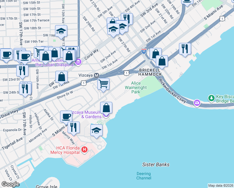 map of restaurants, bars, coffee shops, grocery stores, and more near 3155 South Miami Avenue in Miami