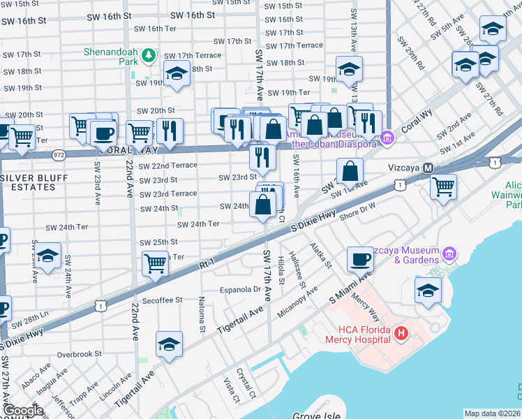 map of restaurants, bars, coffee shops, grocery stores, and more near 2405 Southwest 17th Avenue in Miami
