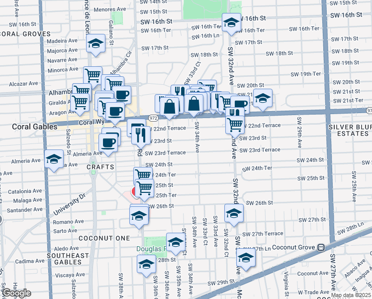 map of restaurants, bars, coffee shops, grocery stores, and more near 3429 Southwest 23rd Terrace in Miami
