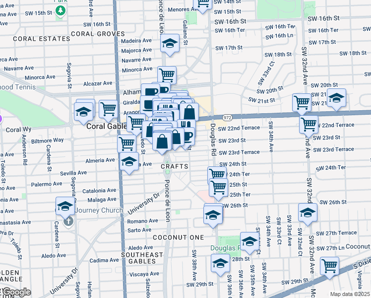 map of restaurants, bars, coffee shops, grocery stores, and more near 141 Almeria Avenue in Coral Gables