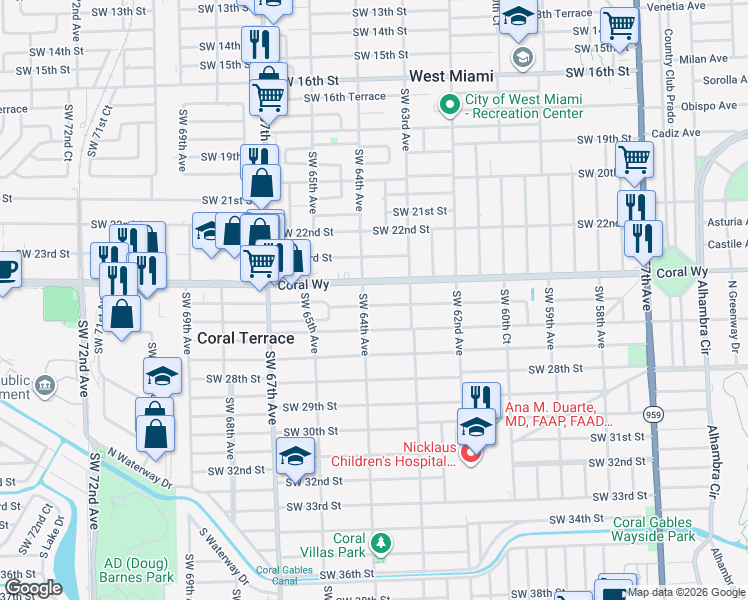 map of restaurants, bars, coffee shops, grocery stores, and more near 2412 Southwest 64th Avenue in Miami