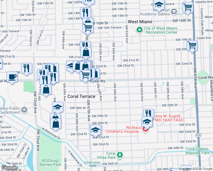 map of restaurants, bars, coffee shops, grocery stores, and more near 6481 Southwest 25th Street in Miami